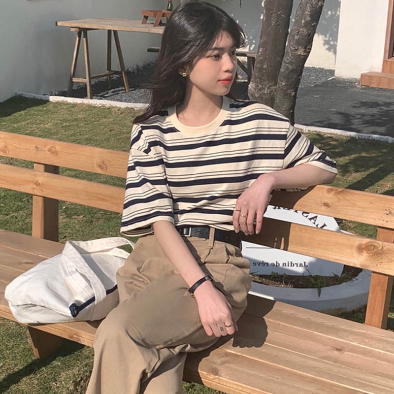 IELGY Áo Thun Ngắn Tay Form Rộng Họa Tiết Kẻ Sọc Phong Cách retro Cho Nữ