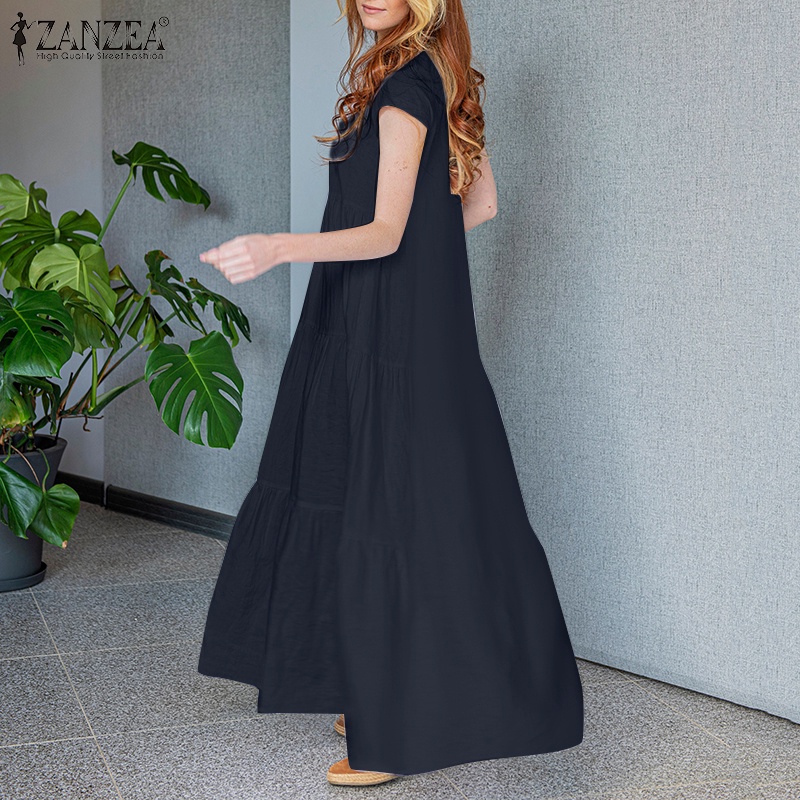 Đầm ZANZEA tay ngắn nhiều tầng màu trơn thời trang nữ tính