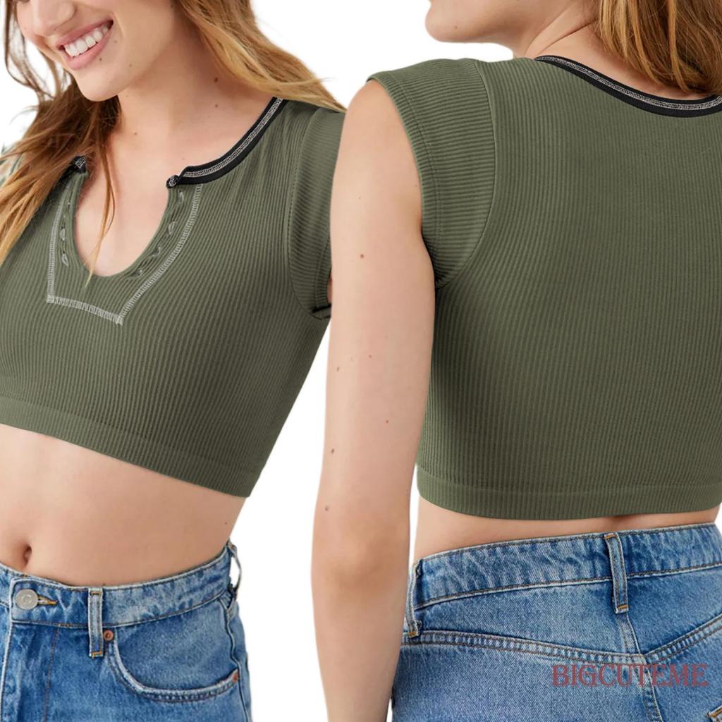 Áo Thun Croptop Tay Ngắn Cổ Chữ U Màu Sắc Tương Phản Thời Trang Mùa Hè Cho Nữ