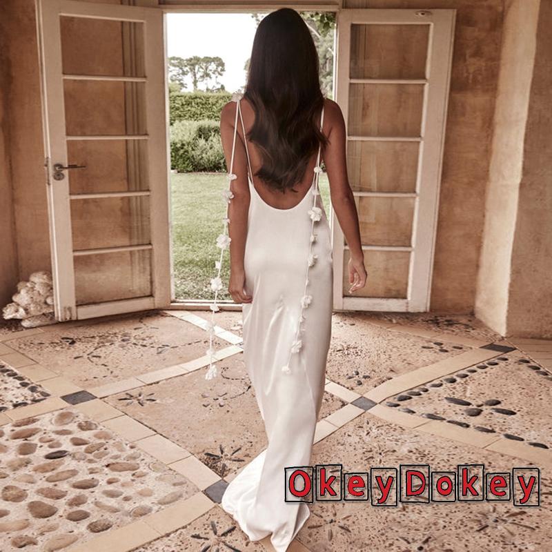 Đầm Dài Hai Dây Không Tay Hở Lưng Màu Trơn Đính Hoa Tua Rua Cho Nữ