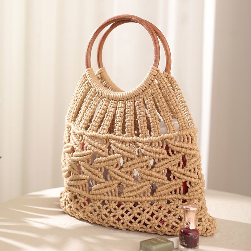 Túi Xách Dây Thừng Cotton Bện Tay Cầm Bằng Gỗ 4 Kiểu Màu Sắc Trơn Phong Cách Mori Mùa Hè