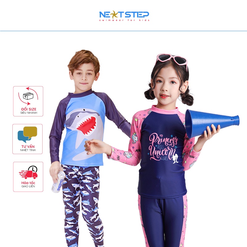 Đồ bơi trẻ em, cho bé trai và bé gái, tay dài quần dài chống nắng, họa tiết hoạt hình có size cho bé từ 10kg đến 35kg