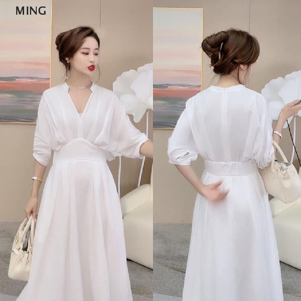 Đầm Maxi Hai Dây Màu Trắng Đen Phong Cách Vintage Gợi Cảm Cho Nữ