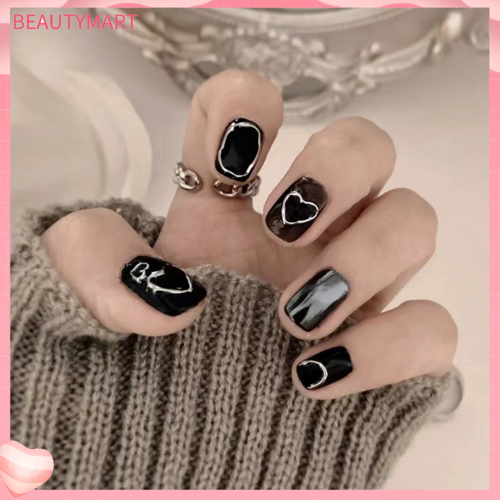 1 Bộ Móng Tay Giả Không Phai Độ Bóng Cao Màu Đen Phong Cách Tối Giản
