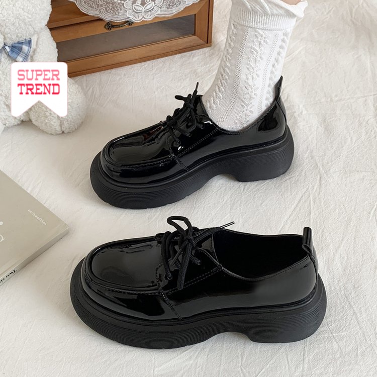 Giày Da Mũi Tròn Cột Dây Màu Trơn Đơn Giản Thoải Mái Hợp Thời Trang
