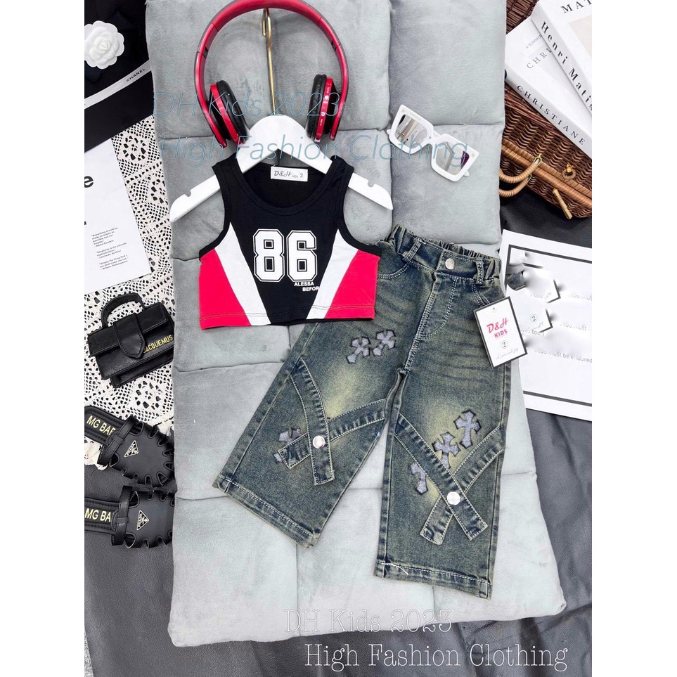 (10kg-23kg) set jean thể thao số 86 cho bé gái năng động, set quần bò bé gái + áo croptop