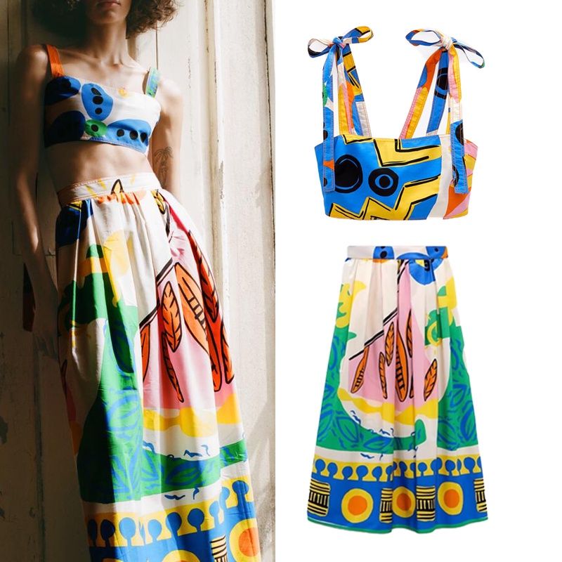 Bộ Áo In Họa Tiết Thắt Nơ Phối Chân Váy Thời Trang ZARA Mùa Hè 2897125 2889125