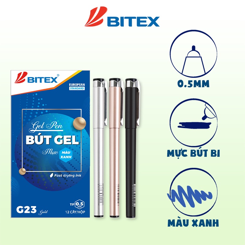 Bút gel Bitex G23 cao cấp thân nhũ, mực xanh, khô nhanh, sang trọng, ngòi 0.5mm