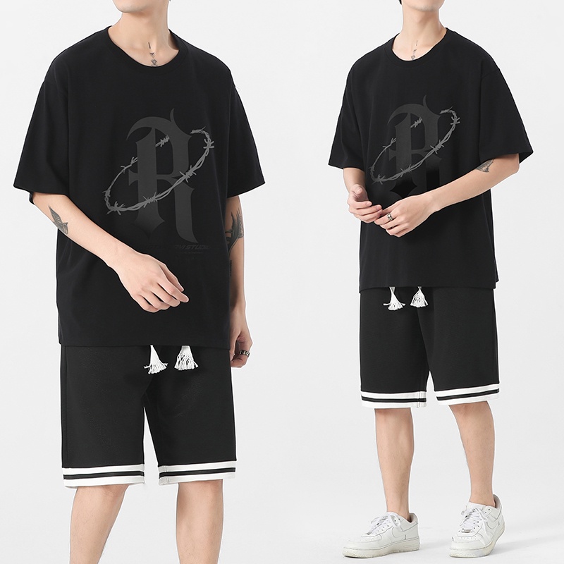 Bộ Đồ Thể Thao Áo Thun Tay Ngắn Phối Quần Short Dáng Rộng Vải Cotton 200g Kiểu Hồng Kông Thời Trang Mùa Hè Cho Nam