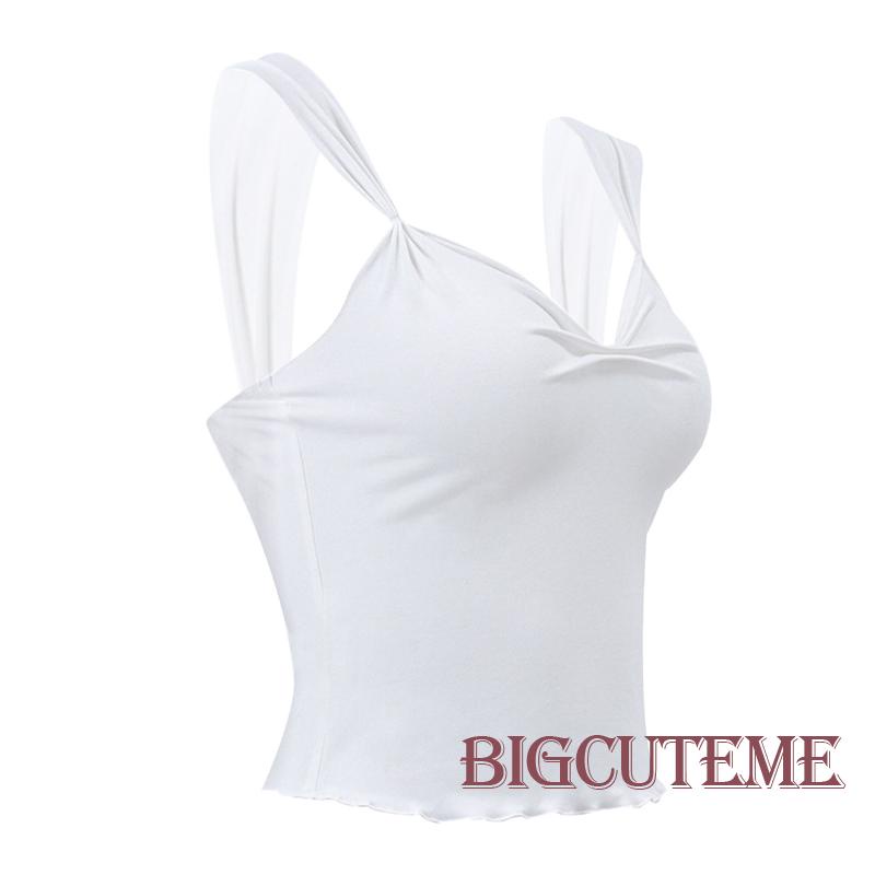 [] Áo Thun Crop Top Không Tay Cổ Chữ V Màu Trơn Viền Diềm Xếp Nếp Mùa Hè Cho Nữ