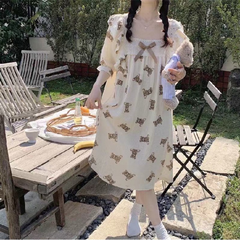 Đầm Ngủ Cotton Tay Ngắn Phối Ren Phong Cách Công Chúa Pháp Ngọt Ngào Cho Nữ La230