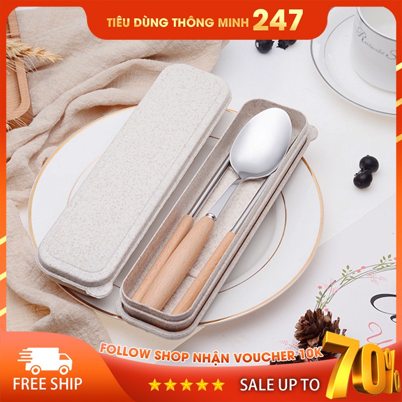 Bộ Thìa Dĩa Đũa Lúa Mạch Inox Chống Gỉ Cán Gỗ Cao Cấp Tặng Kem Hộp Đựng Sang Trọng - ThingKids