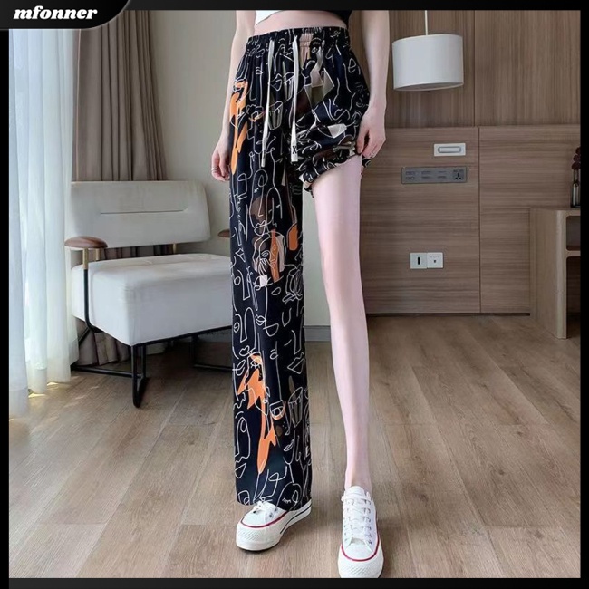 Quần Dài Lưng Cao Ống Rộng Dây Rút In Họa Tiết Thời Trang Cho Nữ