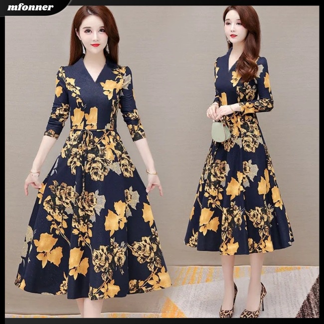 Đầm Dài Tay Cổ Chữ V Họa Tiết Hoa Ngọt Ngào Thanh Lịch Cho Nữ