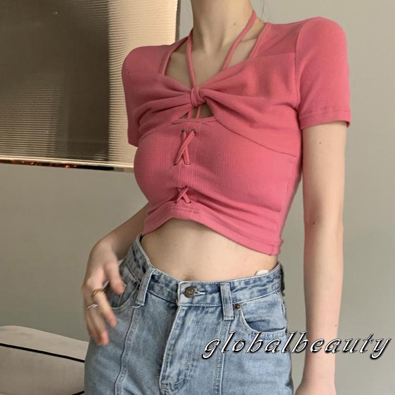 Áo Thun Crop Top Ngắn Tay Thắt Nơ Trước Màu Trơn Thời Trang Mùa Hè Dành Cho Nữ