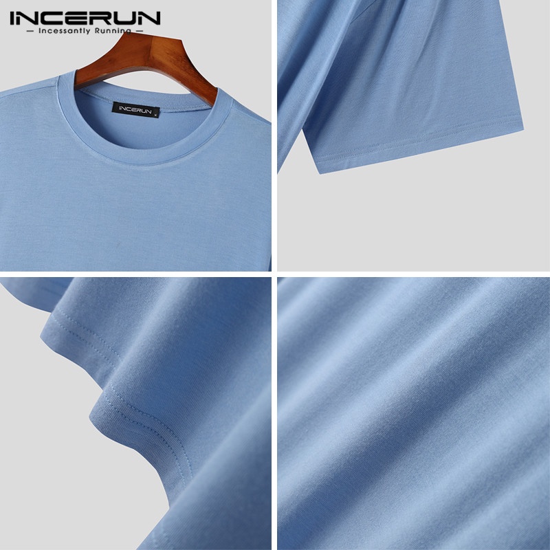 INCERUN Áo Thun Tay Ngắn Cổ Tròn Màu Trơn