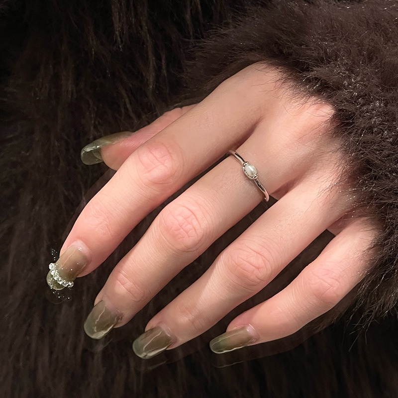 Nhẫn Hở Đính Ngọc Trai Kim Loại Phong Cách Retro Hàn Quốc Cho Nữ