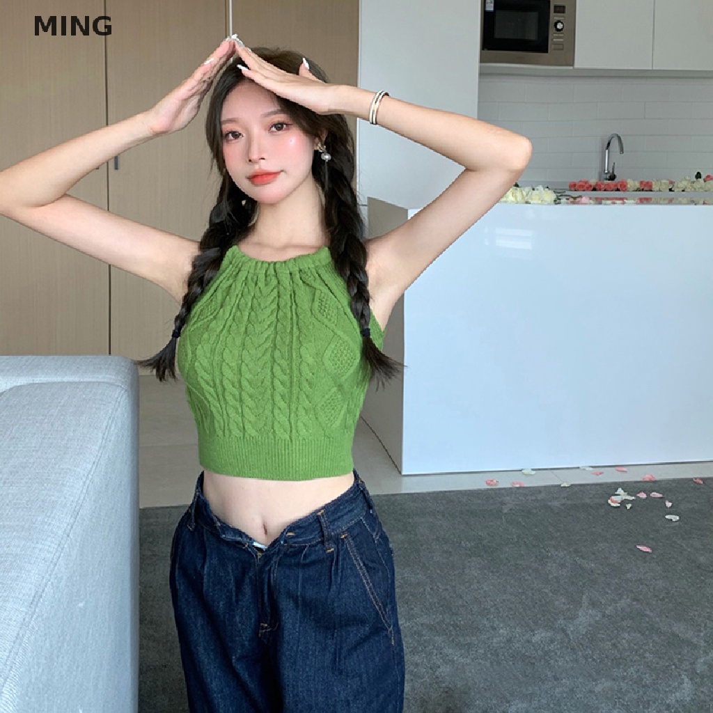 Áo Croptop Dệt Kim Không Tay Hở Lưng Phối Ren Gợi Cảm