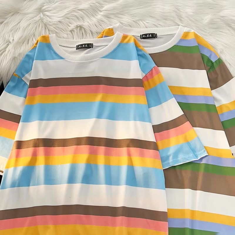 Áo Thun Tay Ngắn Cổ Tròn Họa Tiết Kẻ Sọc Thời Trang Mùa Hè 2023 Mới Cho Nam