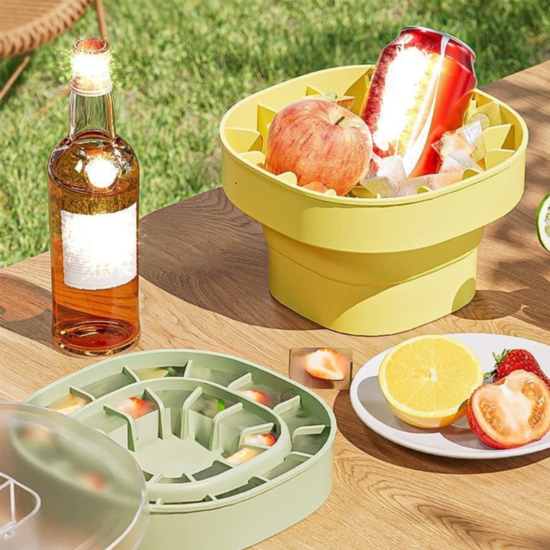 Xô Làm Đá Viên Bằng Silicone Đa Năng Có Thể Gấp Gọn Kèm Nắp Đậy Tiện Lợi