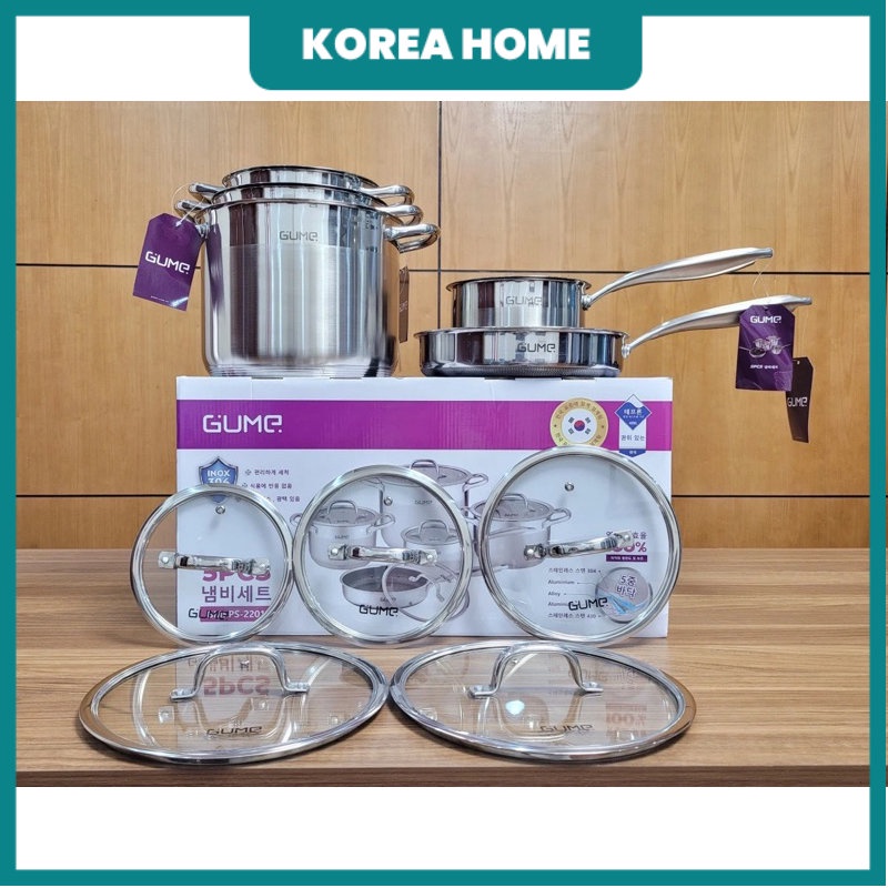 Bộ Nồi Chảo Inox 5 Món 5 Lớp Hàn Quốc GUME Có Nắp Kính Dùng Được Bếp Từ Bảo Hành 5 Năm Lỗi 1 Đổi 1