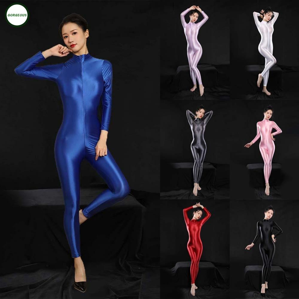 GORGEOUS~Womens Long Sleeve Zip-up Bodysuit Tights Glossy Bodystockings Jumpsuit oily