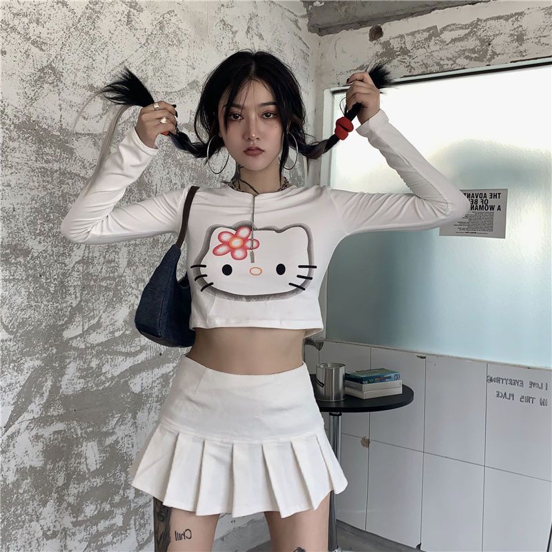 Áo Thun Tay Dài Hở Rốn In Hình Mèo Hello Kitty Thời Trang Mùa Thu Phong Cách Hàn Quốc Quyến Rũ Cho Nữ