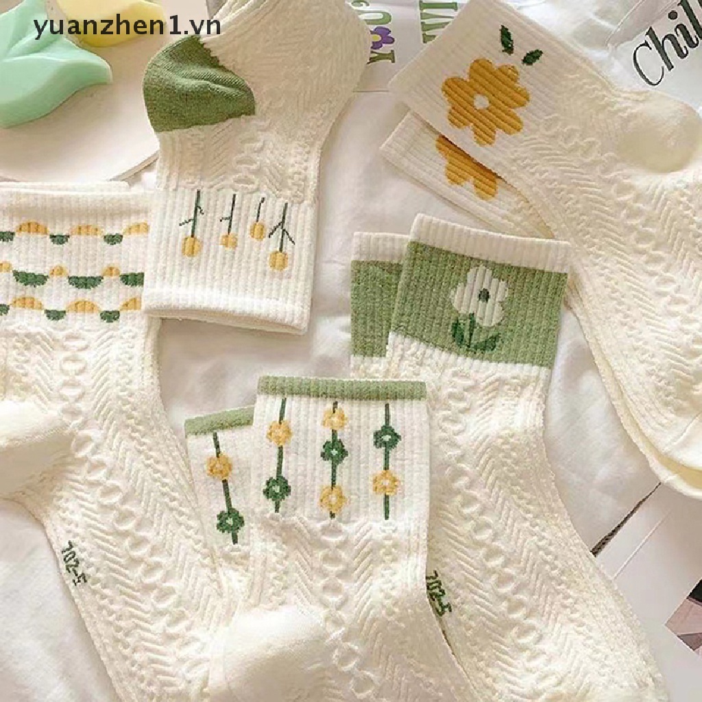 Set 5 Đôi Tất Cotton Thấm Hút Mồ Hôi In Họa Tiết Hoa Nhỏ Xinh