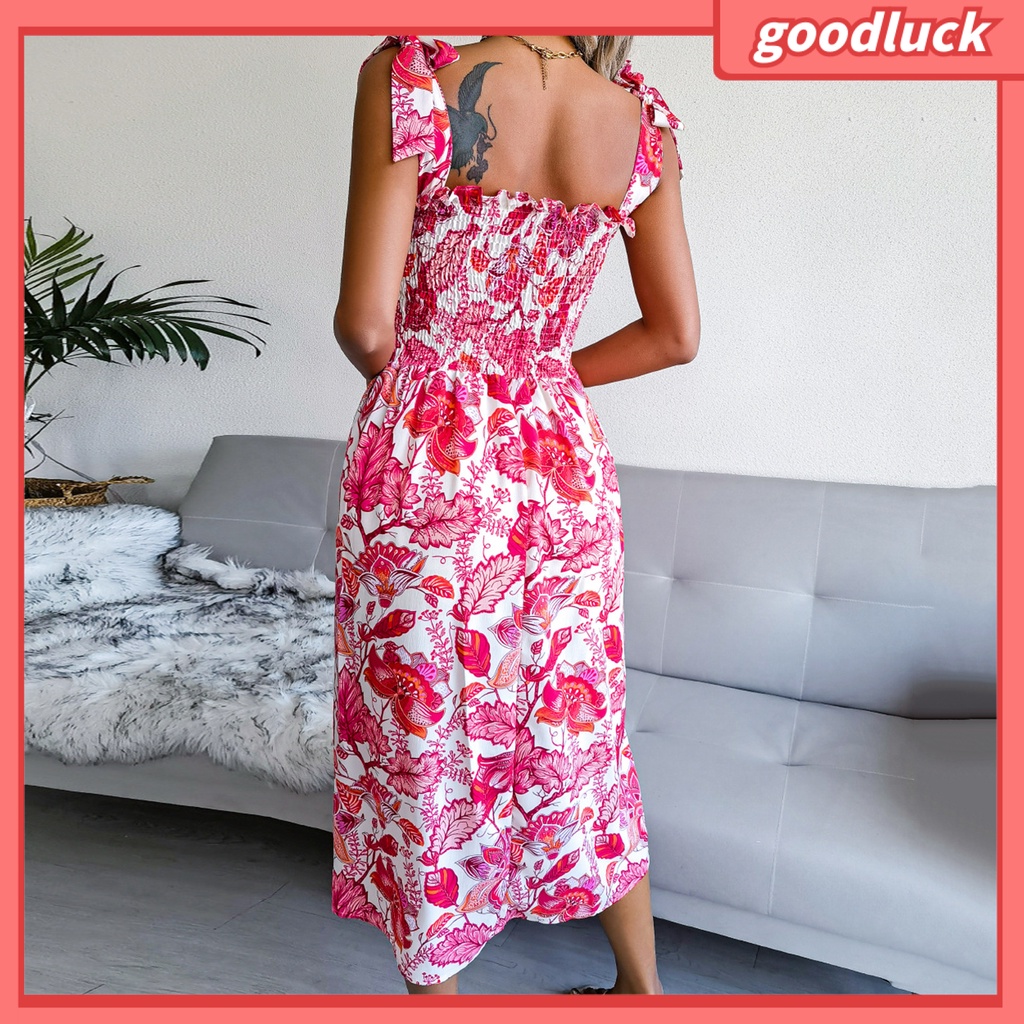 [ULK] Đầm Hai Dây Dáng Rộng Eo Cao Co Giãn In Họa Tiết Hoa Lá Mùa Hè Cho Nữ