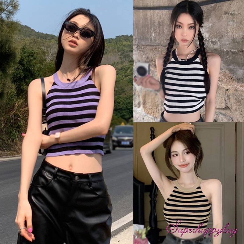 Áo Tank Top Dệt Kim Sát Nách Dáng Ôm In Họa Tiết Kẻ Sọc Thời Trang Mùa Hè Cho Nữ