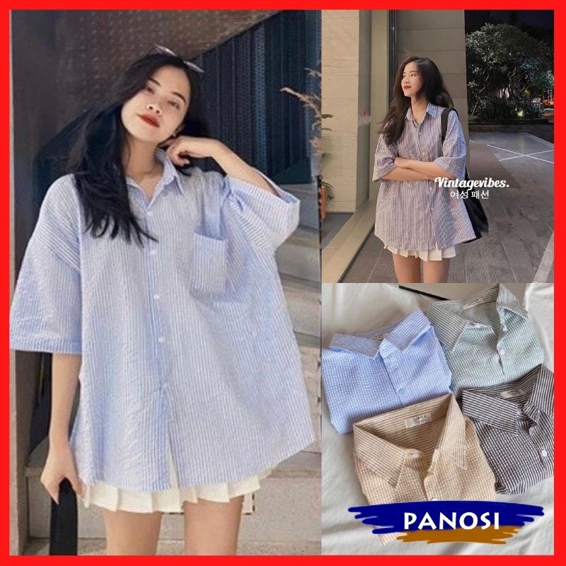 Áo sơ mi nữ ngắn tay form rộng kẻ caro chất xốp đẹp hàng cao cấp PANOSI - A123