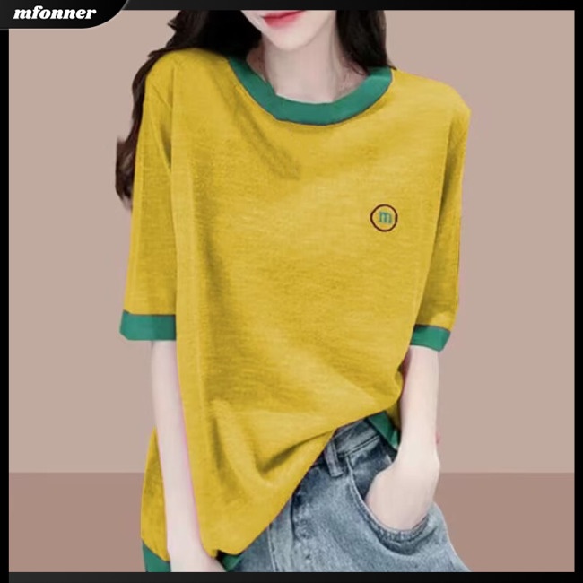 Áo Thun Mỏng Tay Ngắn Cổ Tròn Dáng Rộng Phối Màu Tương Phản Thời Trang Mùa Hè Cho Nữ