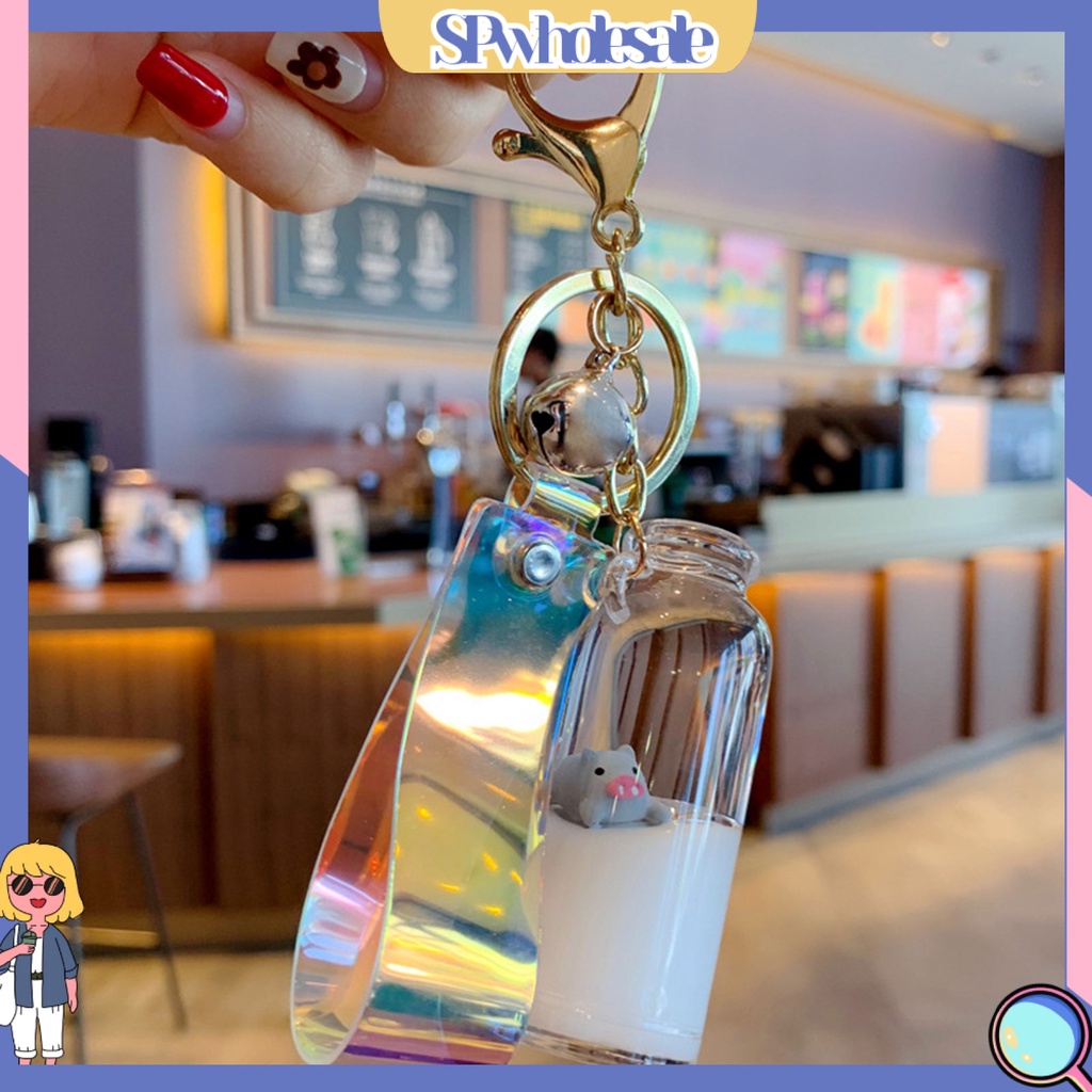 <SPwholesale> Móc Khóa Hình Bình Sữa Thủy Tinh Ba Chiều Có Chuông Và Dây Treo < SPwholesale >