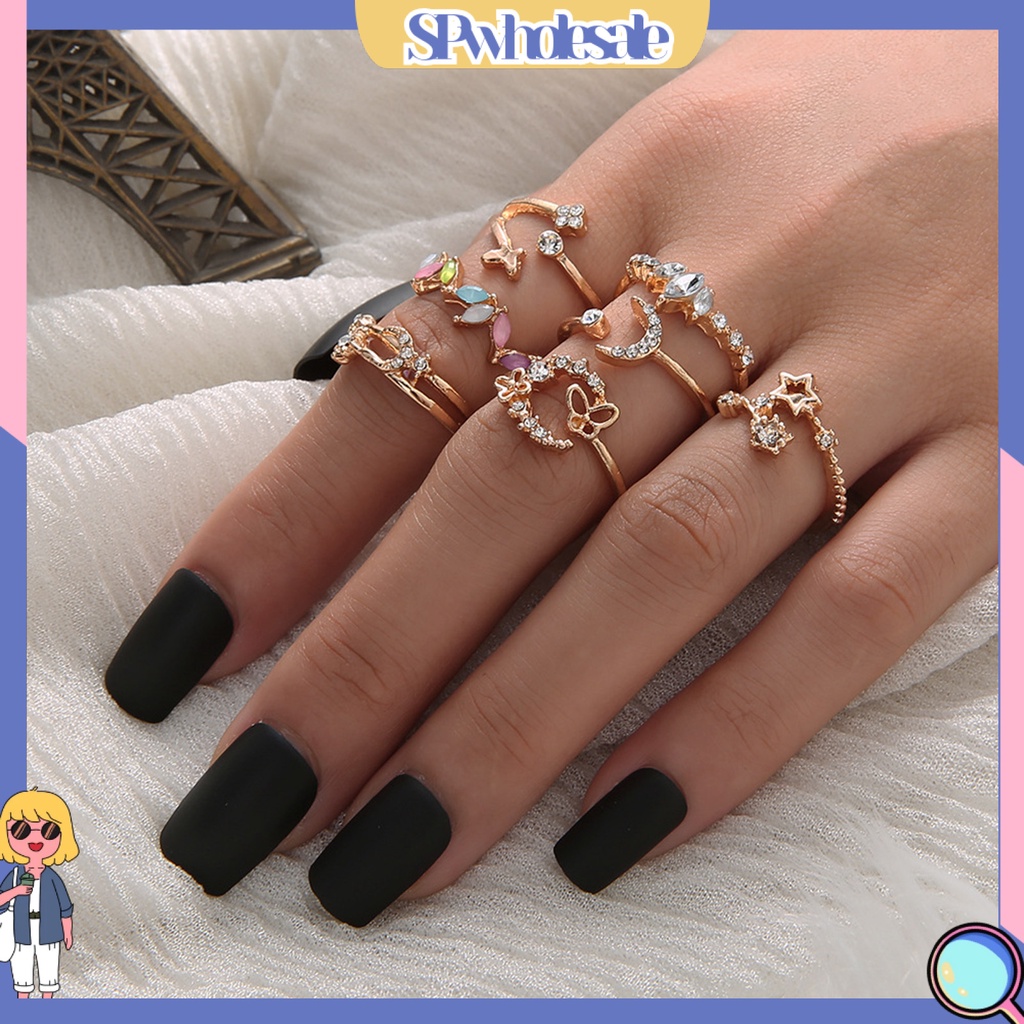 <SPwholesale> Set 7 Nhẫn Hở Hình Hoa Bướm Trọng Lượng Nhẹ Thoải Mái Không Dễ Vỡ