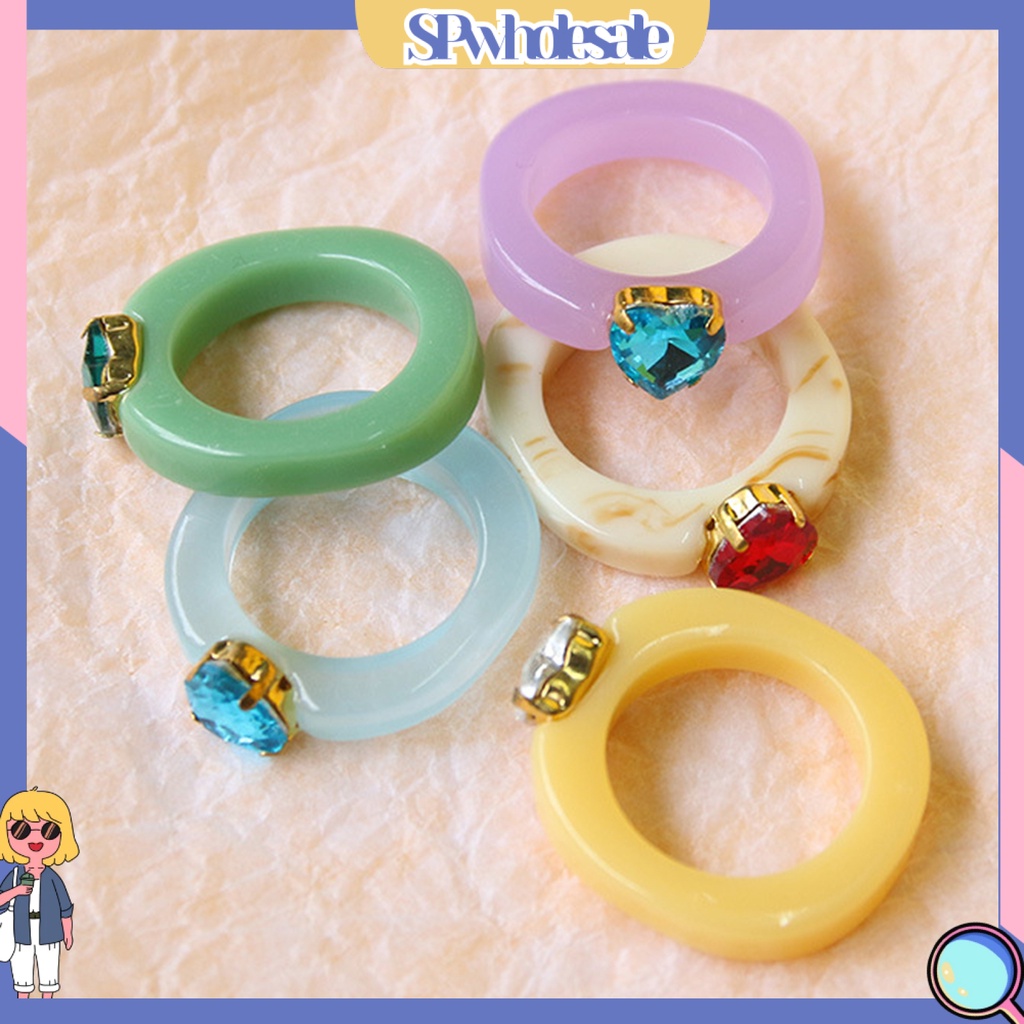 <SPwholesale> Nhẫn Resin Màu Kẹo Ngọt Đính Đá Hình Trái Tim Dễ Phối Đồ Cho Nữ