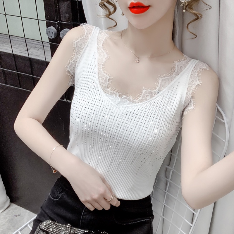 Áo Hai Dây Dệt Kim Cổ Chữ V Phối Ren Đính Hạt Phong Cách Phương Tây Thời Trang Xuân Hè Cho Nữ