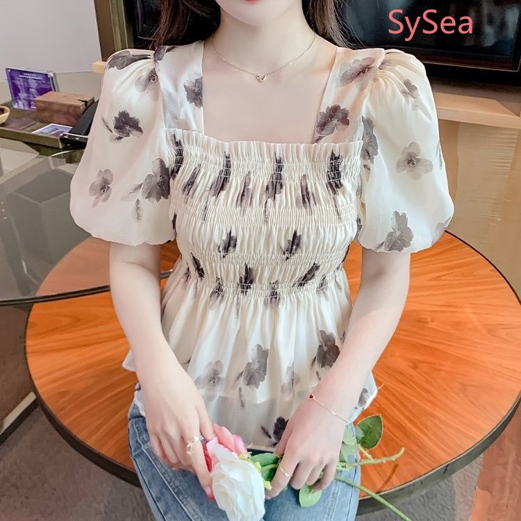 Áo Kiểu Chiffon Cổ Vuông Tay Phồng Họa Tiết Hoa Thời Trang Mùa Hè Quyến Rũ Cho Nữ