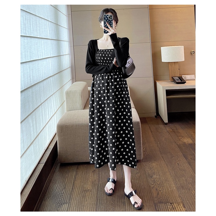 Đầm Hai Dây Dáng Dài Mỏng Co Giãn Họa Tiết Hoa Cúc Nhỏ hka055