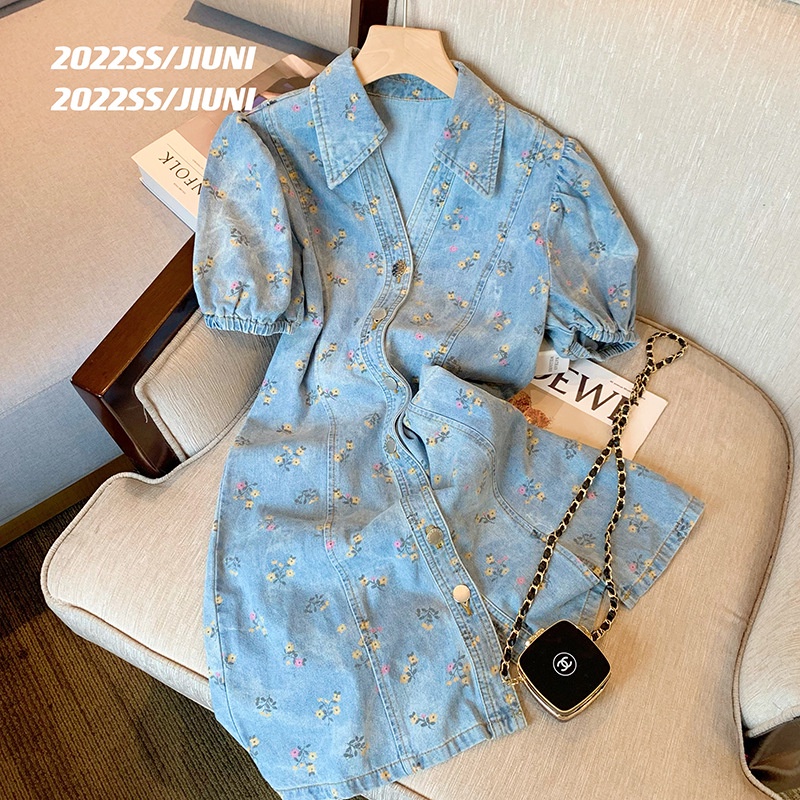 Đầm Denim Chữ A Ôm Eo Cổ polo In Họa Tiết Hoa Thời Trang Mùa Hè 2022 Phong Cách Pháp Ngọt Ngào Cho Nữ