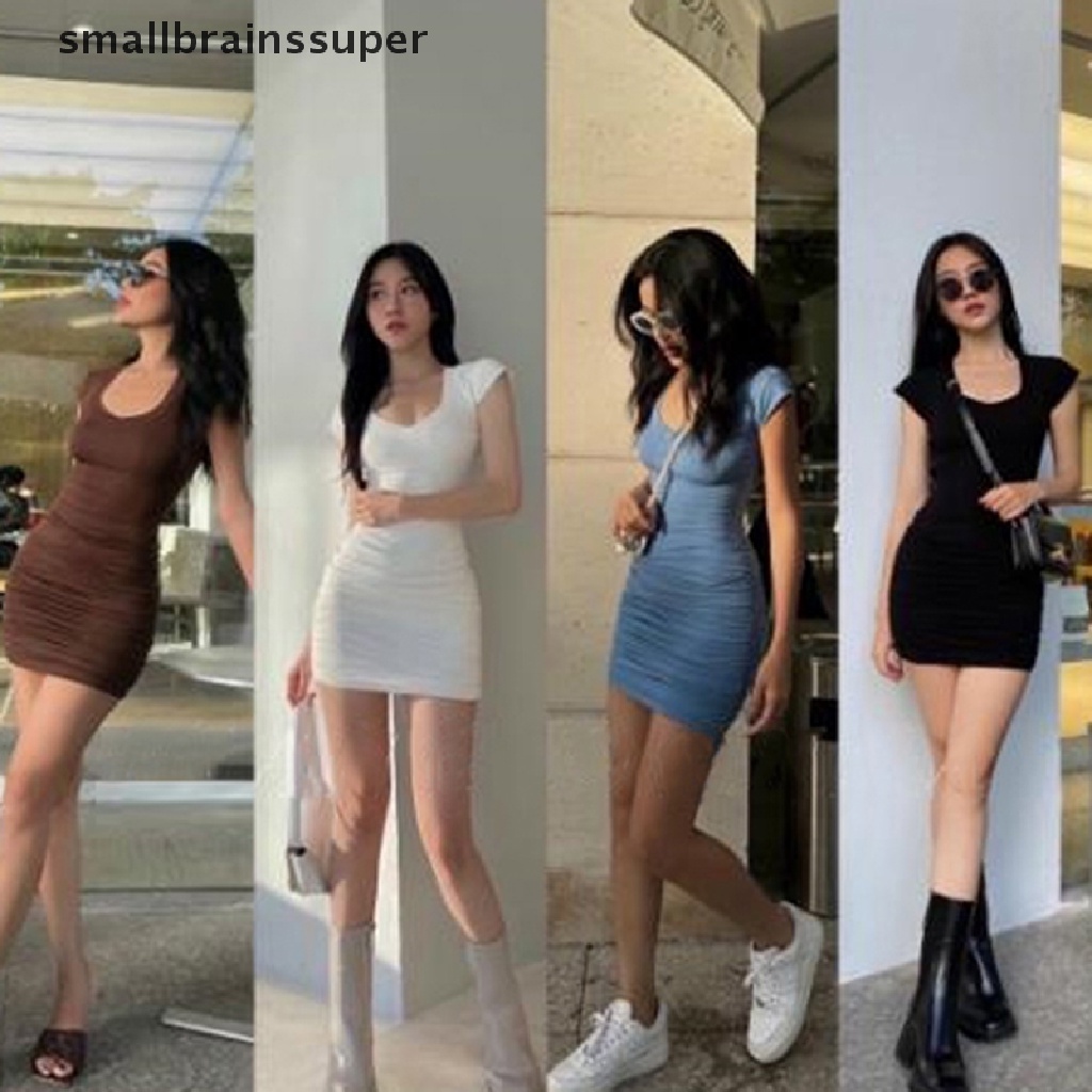 Đầm Thun Ngắn Tay Cổ Chữ U Ôm Dáng Phong Cách Hàn Quốc Gợi Cảm Dành Cho Nữ