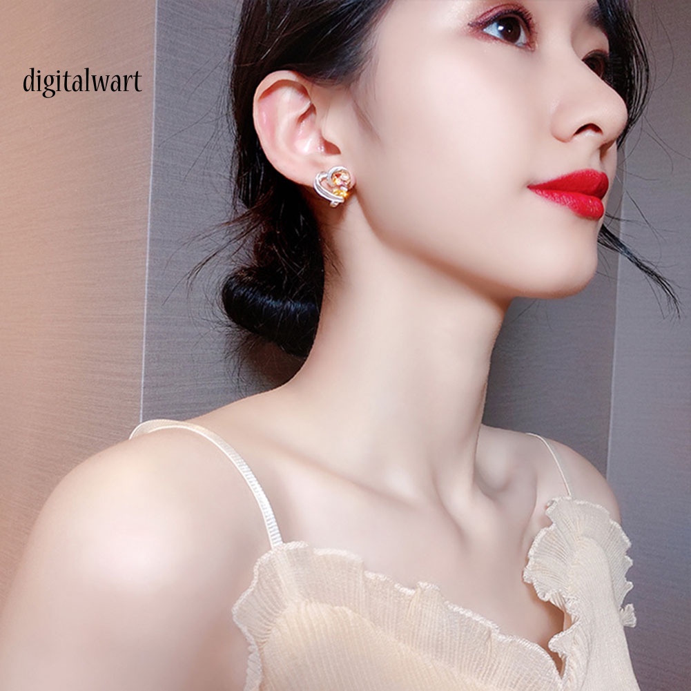 Kỹ Thuật Số| Bông Tai HìNh TráI Tim ĐíNh Đá / NgọC Trai Giả ThờI Trang