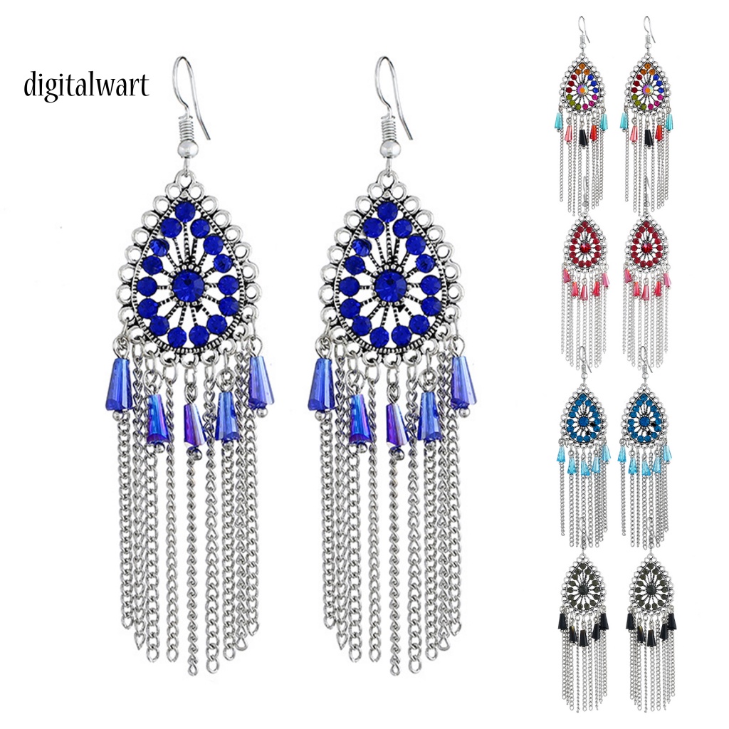 Kỹ Thuật Số| 1 Đôi Bông Tai Hình Giọt Nước Đính Đá Phối Tua Rua Phong Cách Vintage Dành Cho Nữ