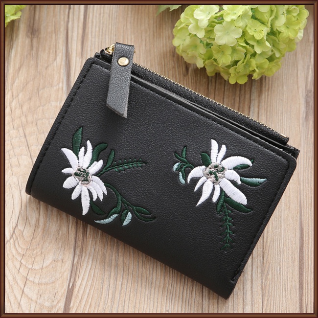 Ví Da Pu Mỏng Có Khóa Kéo Thêu Họa Tiết Xinh Xắn Cho Nữ Giá Đỡ