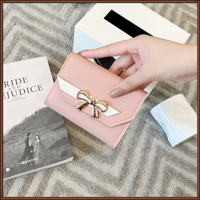 Ví Da Pu Đựng Thẻ / Tiền Xu Phối Màu Tương Phản Đính Nơ Xinh Xắn Cho Nữ