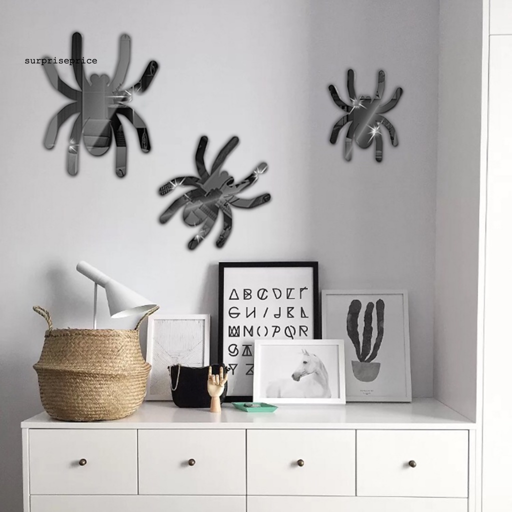 Set 3 Decal dán tường Mặt Gương Hình Nhện 3D Sống Động Chống Nước Có Thể Tháo Gỡ Trang Trí Tiệc Tù