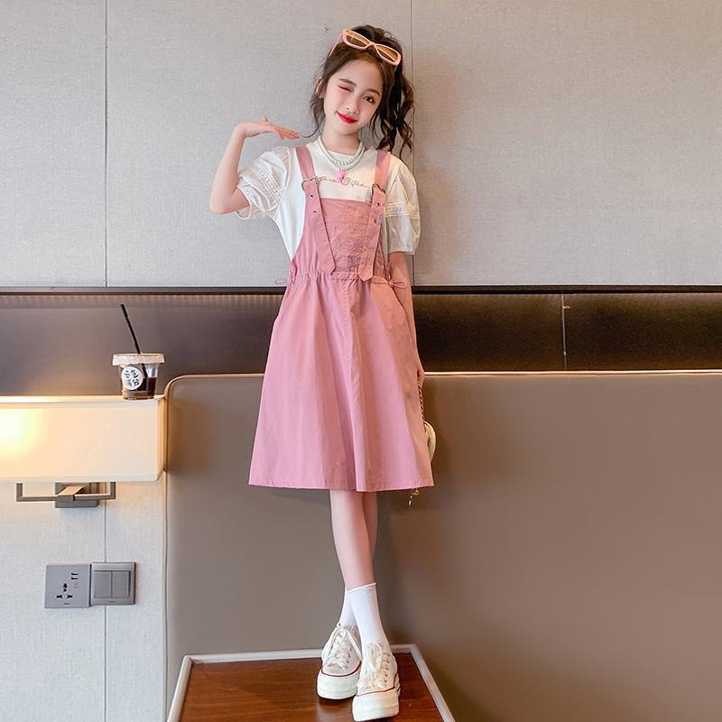 Bộ Áo Thun Tay Ngắn Và Váy Yếm Màu Hồng Thời Trang Mùa Hè Mới 2023 Dành Cho Bé Gái