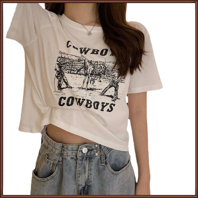 Áo Croptop Tay Ngắn Cổ Tròn In Chữ Thời Trang Cho Nữ