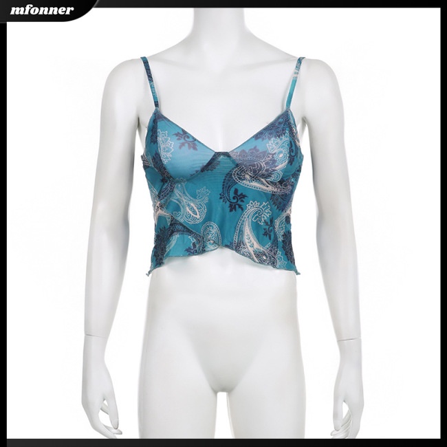 Áo Tank Top Cổ Chữ V Phối Lưới In Họa Tiết Phong Cách Retro Gợi Cảm Cho Nữ