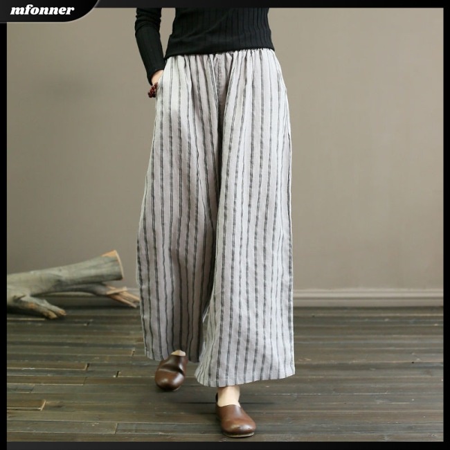 Quần Cotton Lanh Ống Rộng Thoáng Khí Họa Tiết Kẻ Sọc Hợp Thời Trang Cho Nữ