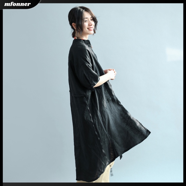 Áo Sơ Mi Nữ Tay Dài Dáng Rộng Bằng Cotton Linen Màu Trơn Thời Trang